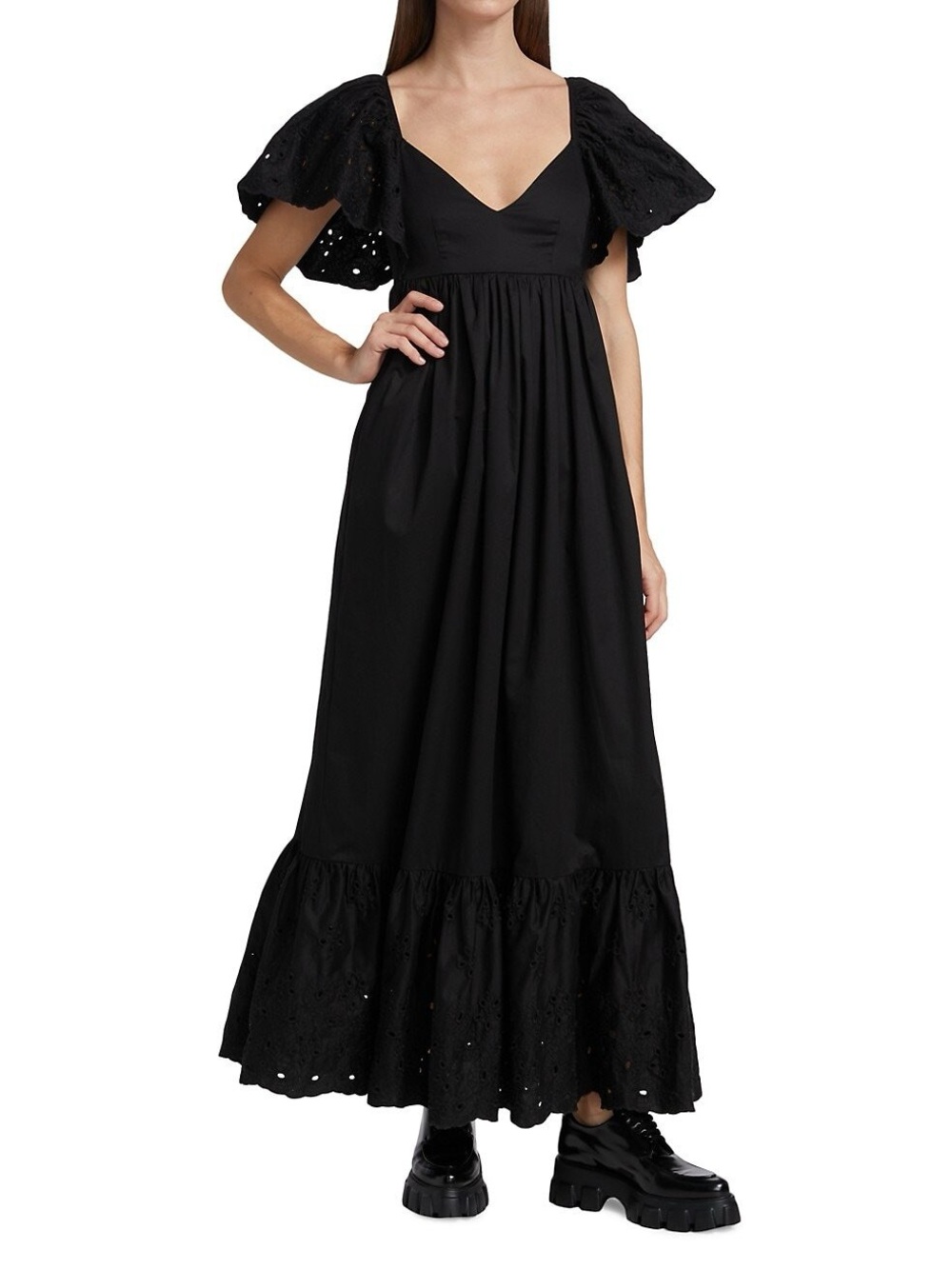 En Saison Black Eyelet Puff-Sleeve Maxi Dress